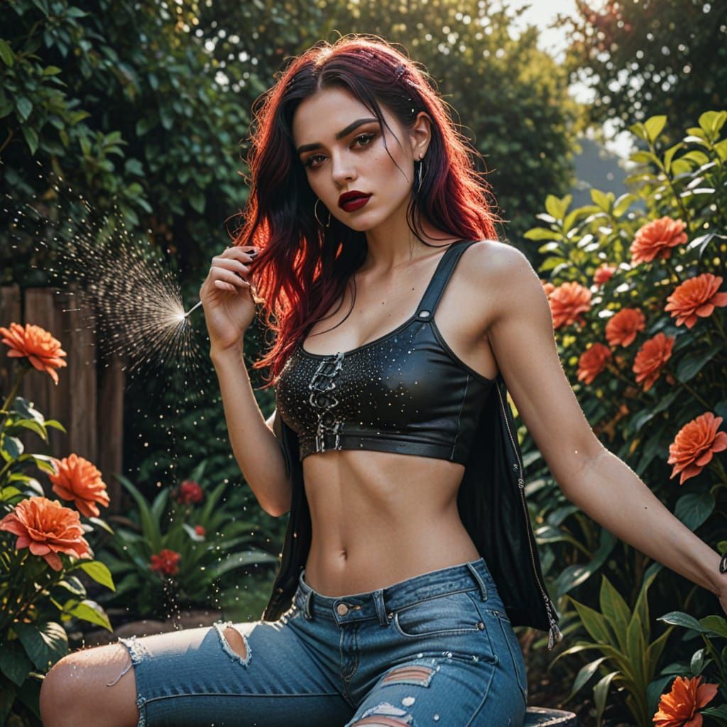 Gothic Woman in Backyard with Sprinklers: Neo-Impressionist ...