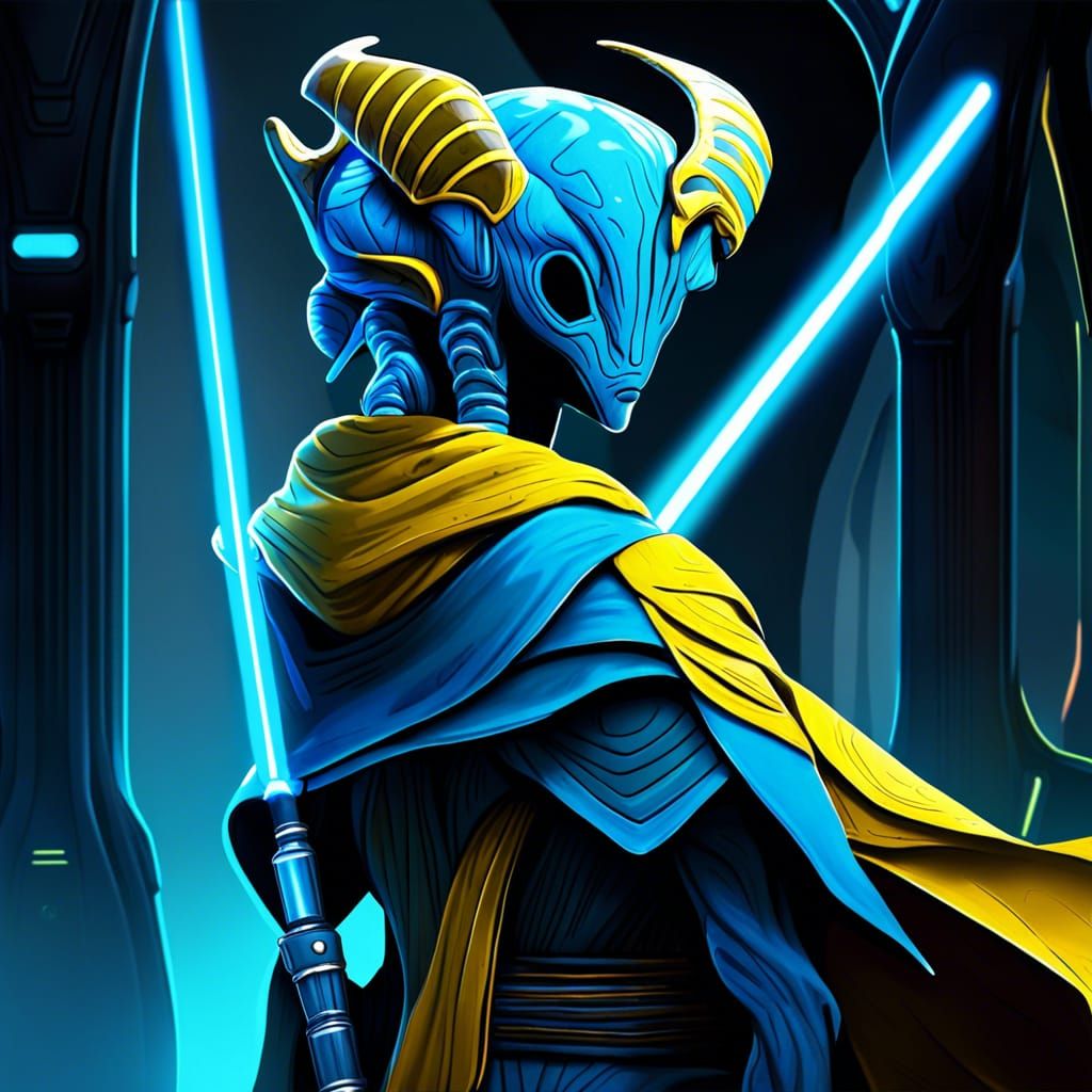 Alien Jedi with Yellow Lightsaber in Detailed Matte Painting