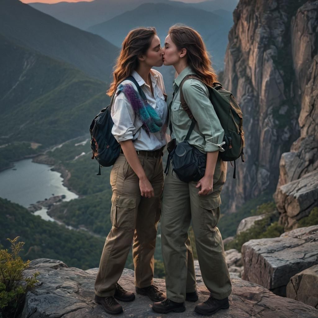 Women Kissing on Cliff in Sinister Style