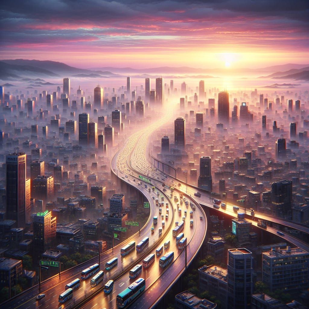 Cityscape at Dawn: Buses Only in Oil Paint