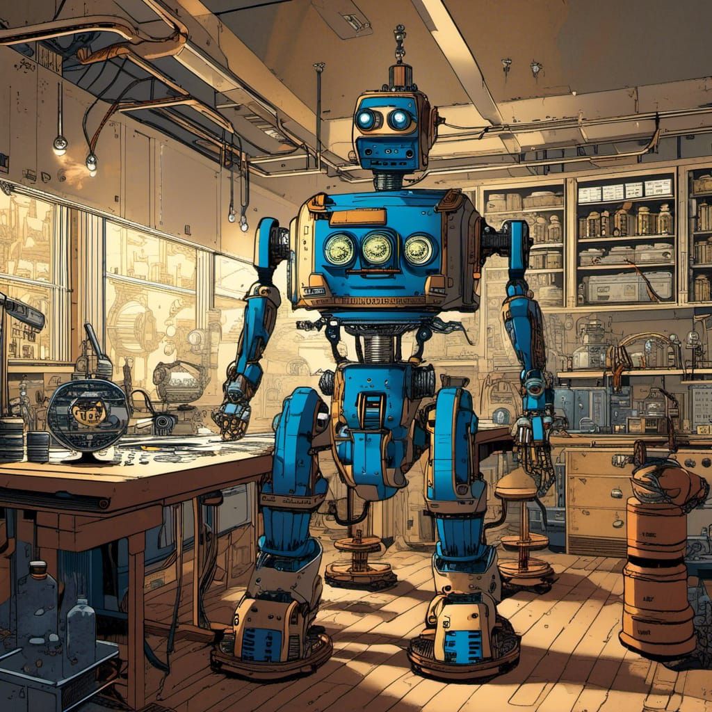 Robot Builds Himself in Science Lab, Cartoon Style