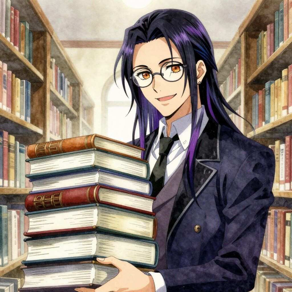 Gothic Librarian with Books in Watercolor Style