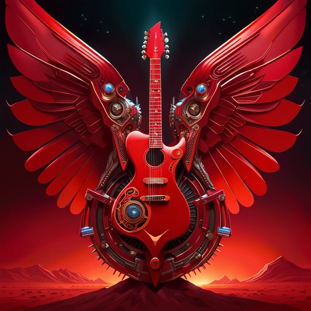 Futuristic Red Guitar with Mechanical Wings on Mars