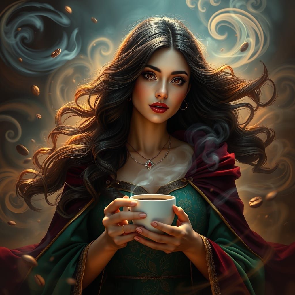 A Fantasy Coffee Siren in Emerald and Gold