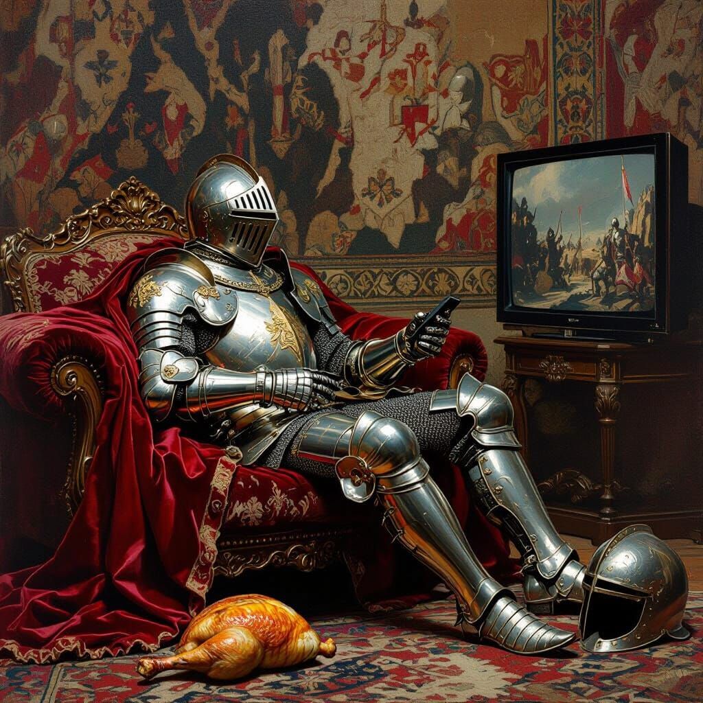 Humorous Medieval Knight Watches TV as Pre-Raphaelite Painti...