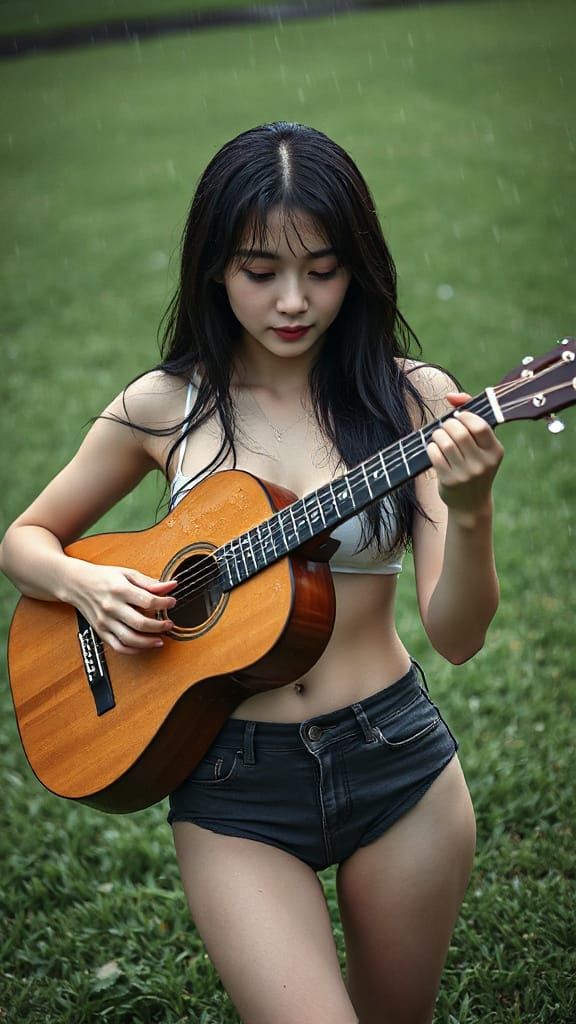 Rainy Day Serenade: Woman with Guitar in the Rain