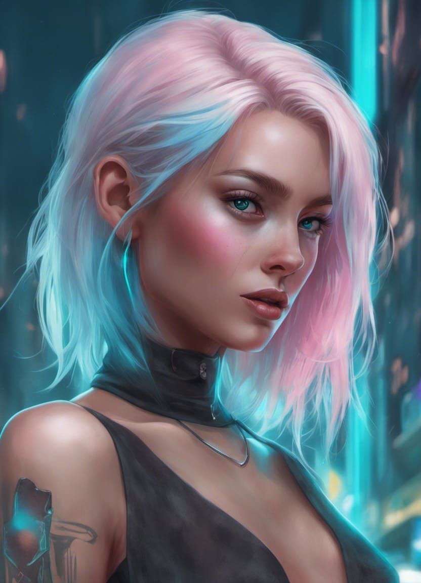 Cyan-Haired Cyberpunk Girl in Neon God Rays