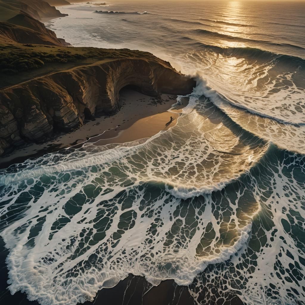 Surfer Rides Giant Wave at Sunset: Cinematic Film Still