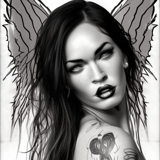 Megan Fox as Gothic Angel: Hyperrealistic Splash Art