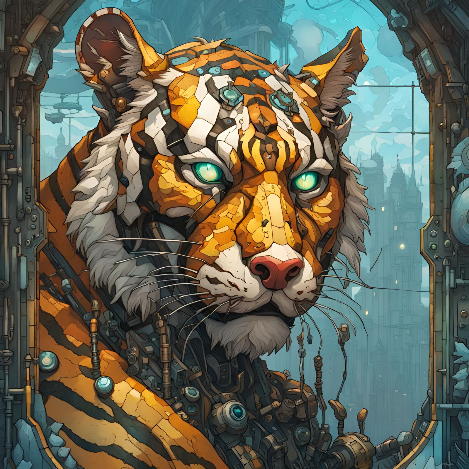 Hyperdetailed Cyberpunk Tiger in Stained Glass Style
