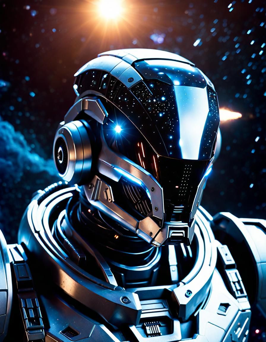 Detailed Cyborg Raven Robot in Deep Space