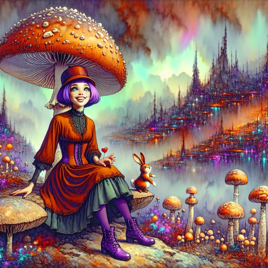 Cheerful Woman in Post-Apocalyptic Landscape as Alcohol Ink ...