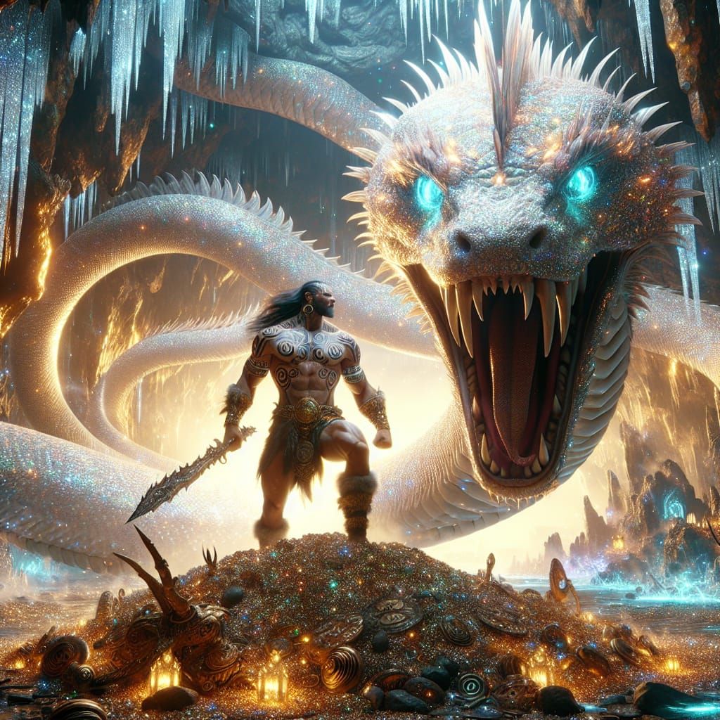 Warrior and Serpent in Luminescent Cave