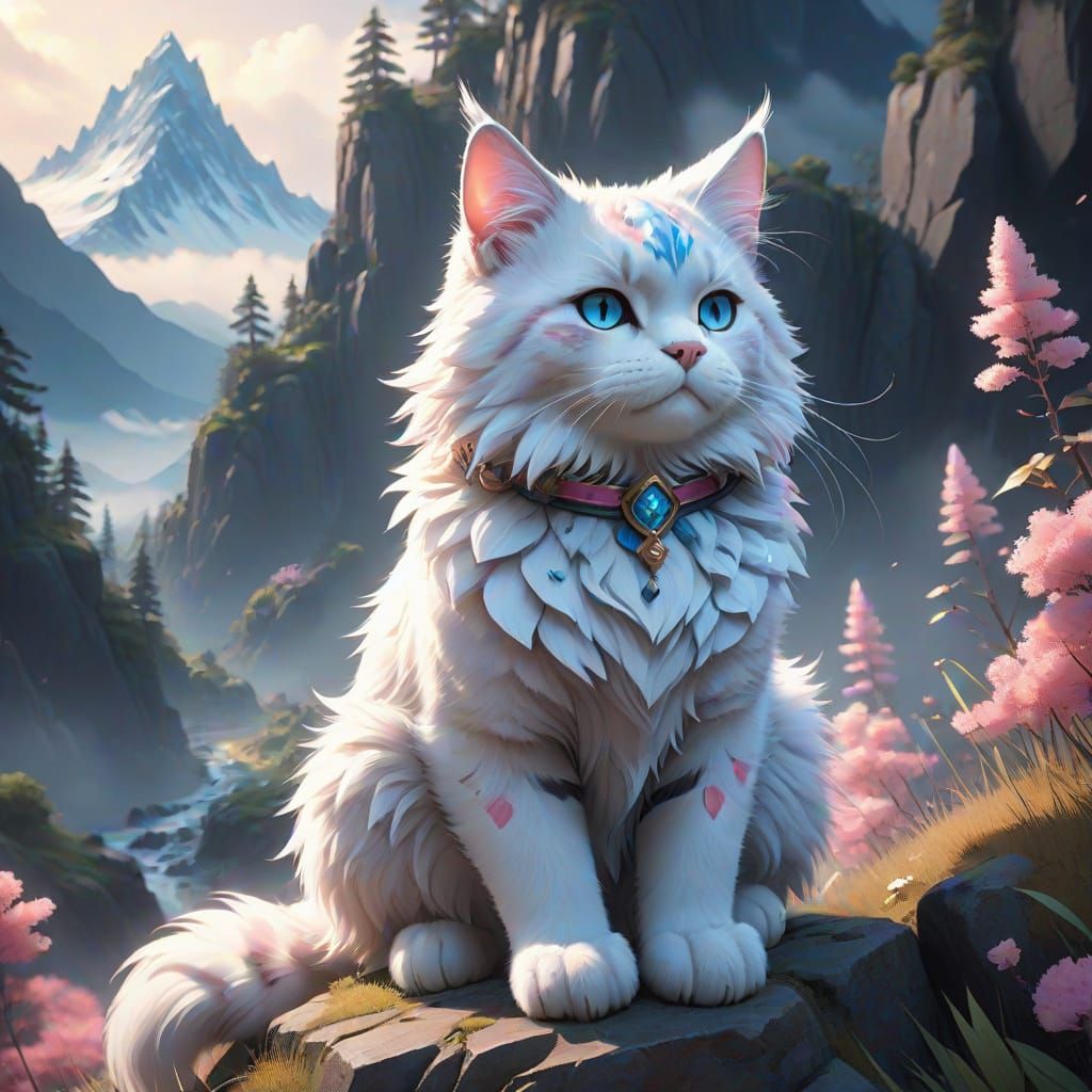 Majestic Fluffy Warrior Cat in Whimsical Anime Mountains
