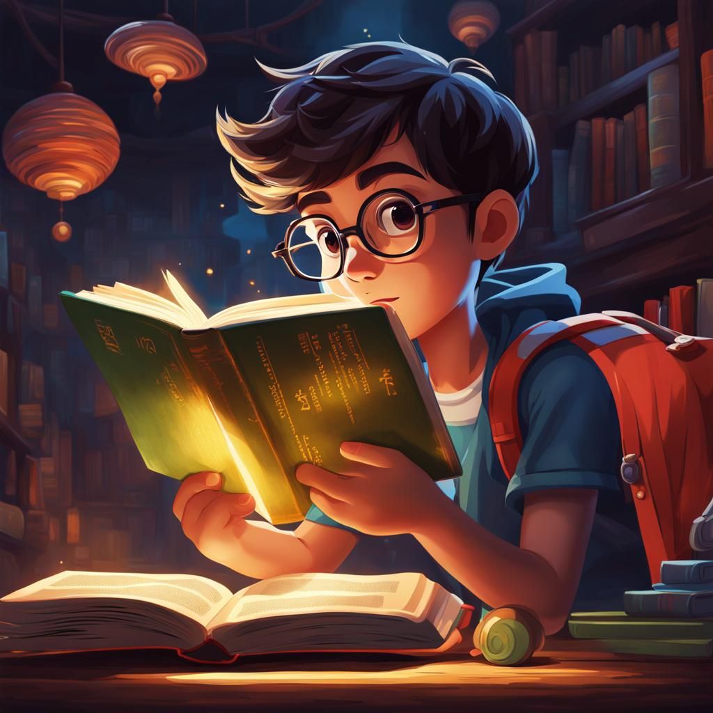 Teenage Boy Reading Book in Chibi Style
