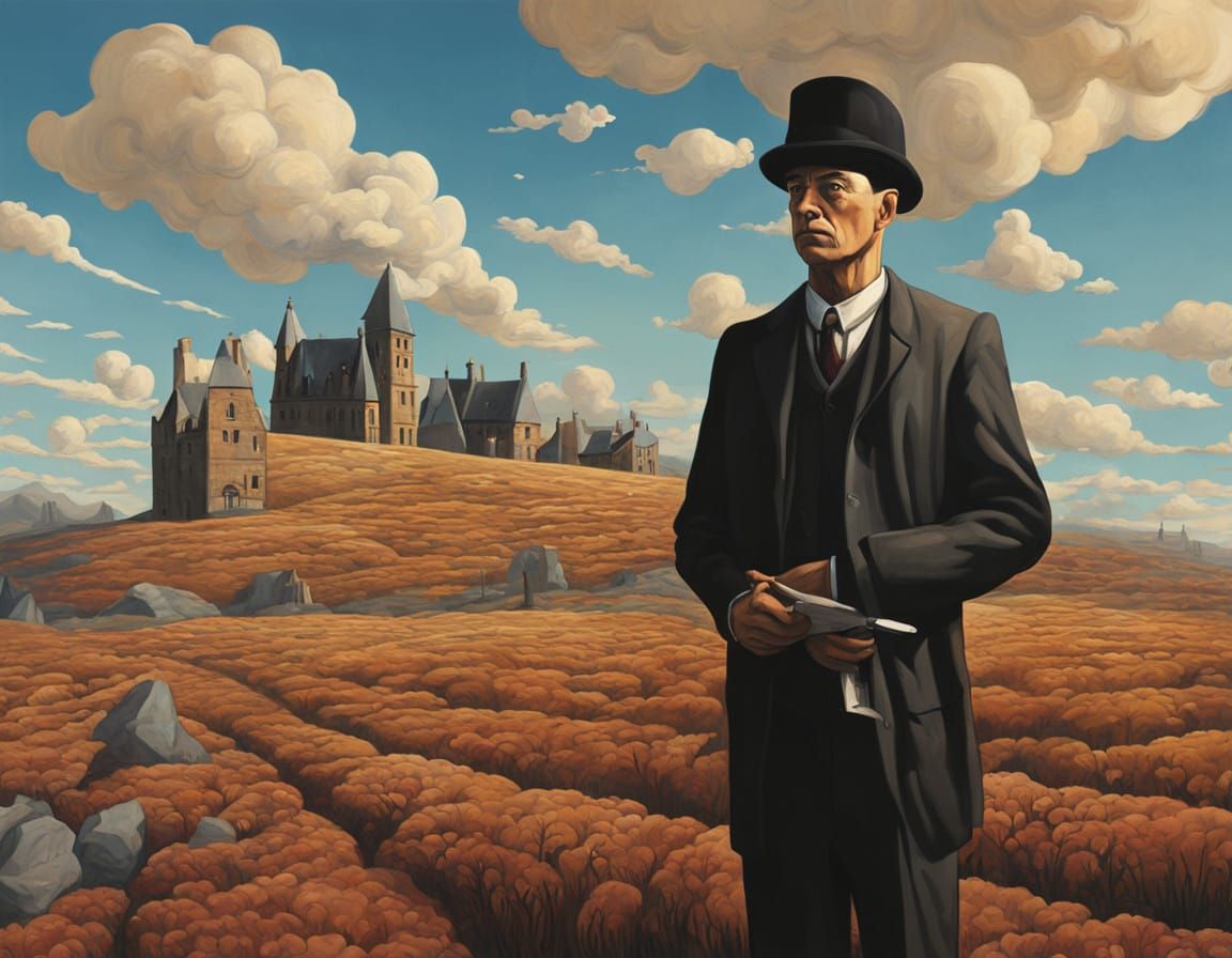 Surrealist Man in Belgian Landscape with Magritte's Bowler H...