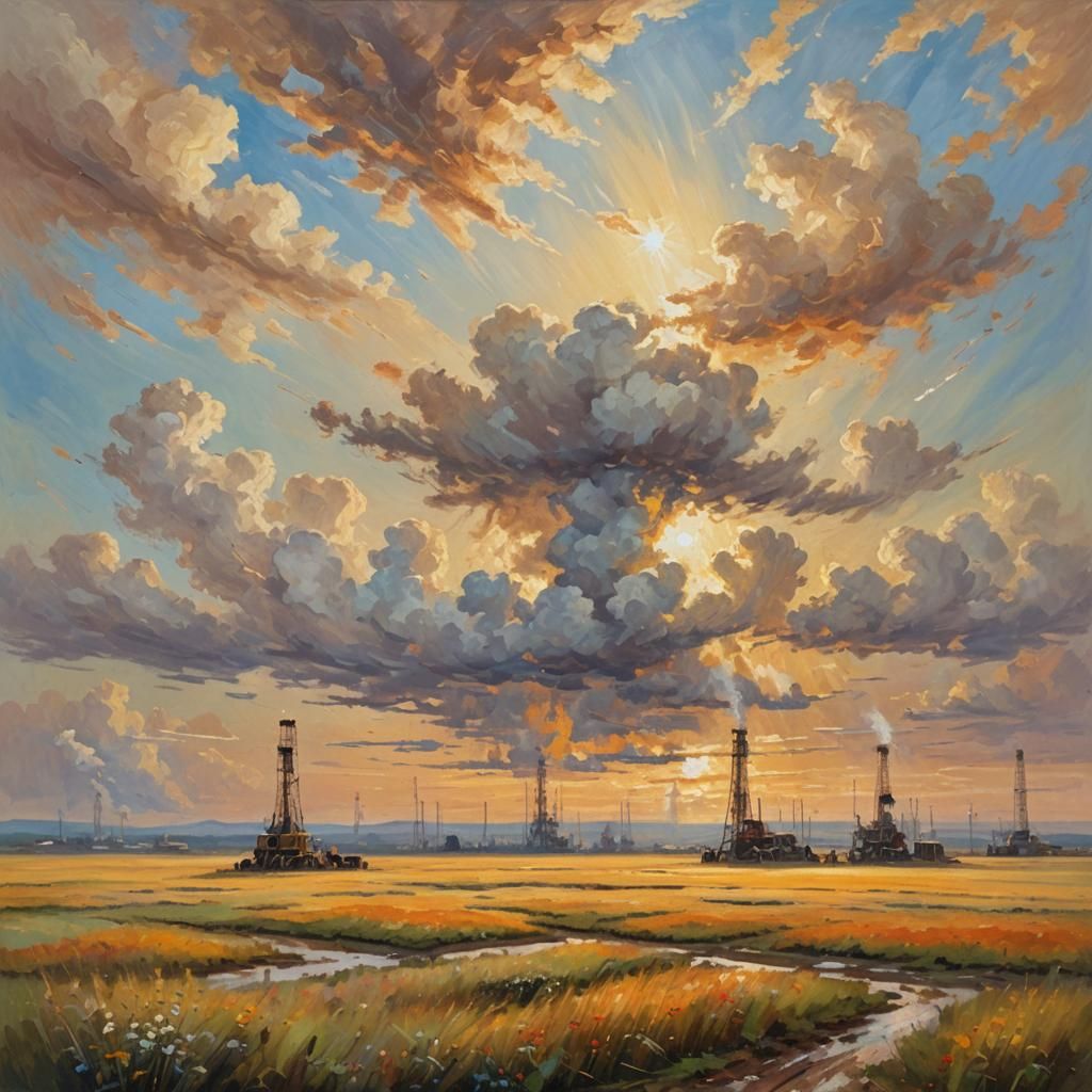 Impressionist Oil Painting of Oil Wells in Field