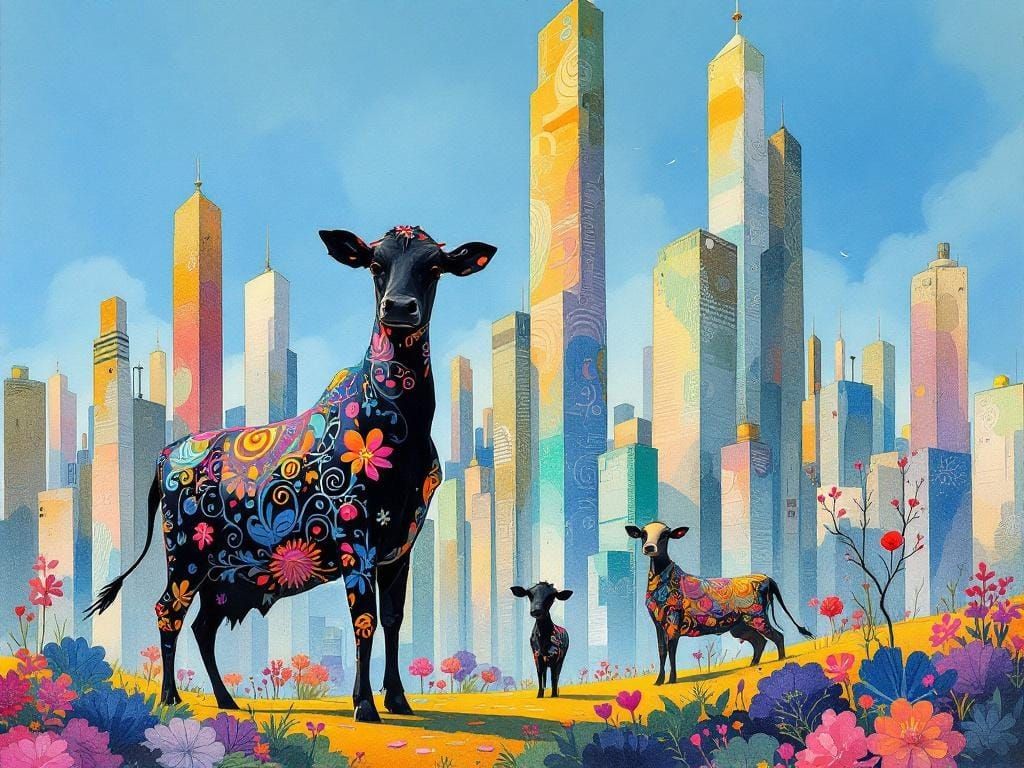 Paisley Cows in Whimsical Cityscape, Watercolor Art