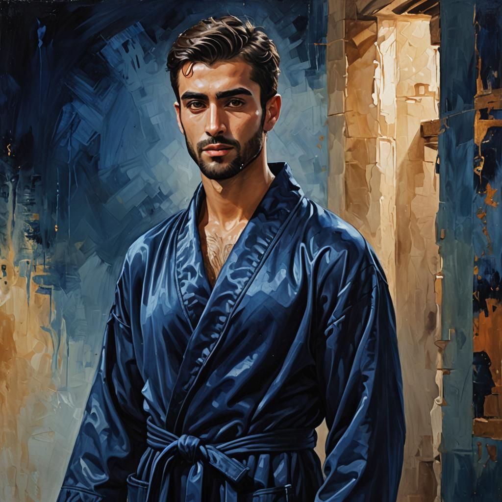 Handsome Arab Man in Blue Velvet Robe Oil Painting