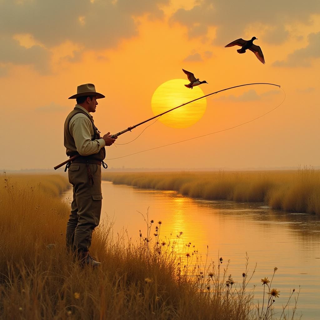 Fisherman at Sunset in Golden Autumn Landscape
