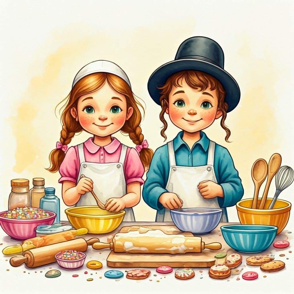 Whimsical Watercolor Scene of Happy Baking Friends in a Trad...