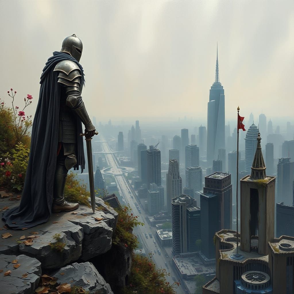 Knight Templar Overlooks Post-Apocalyptic Cityscape