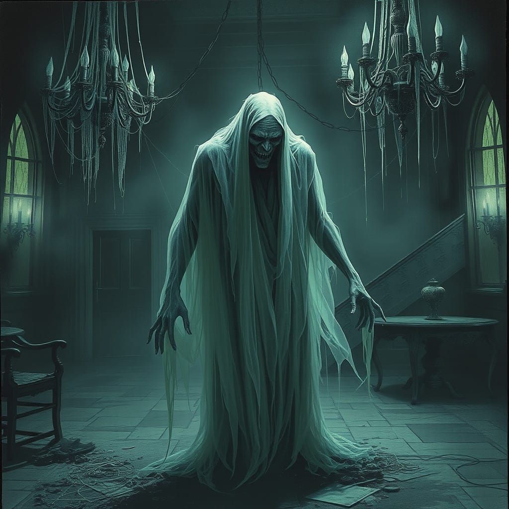 Ethereal Ghost Haunts Abandoned Mansion in Gothic Style