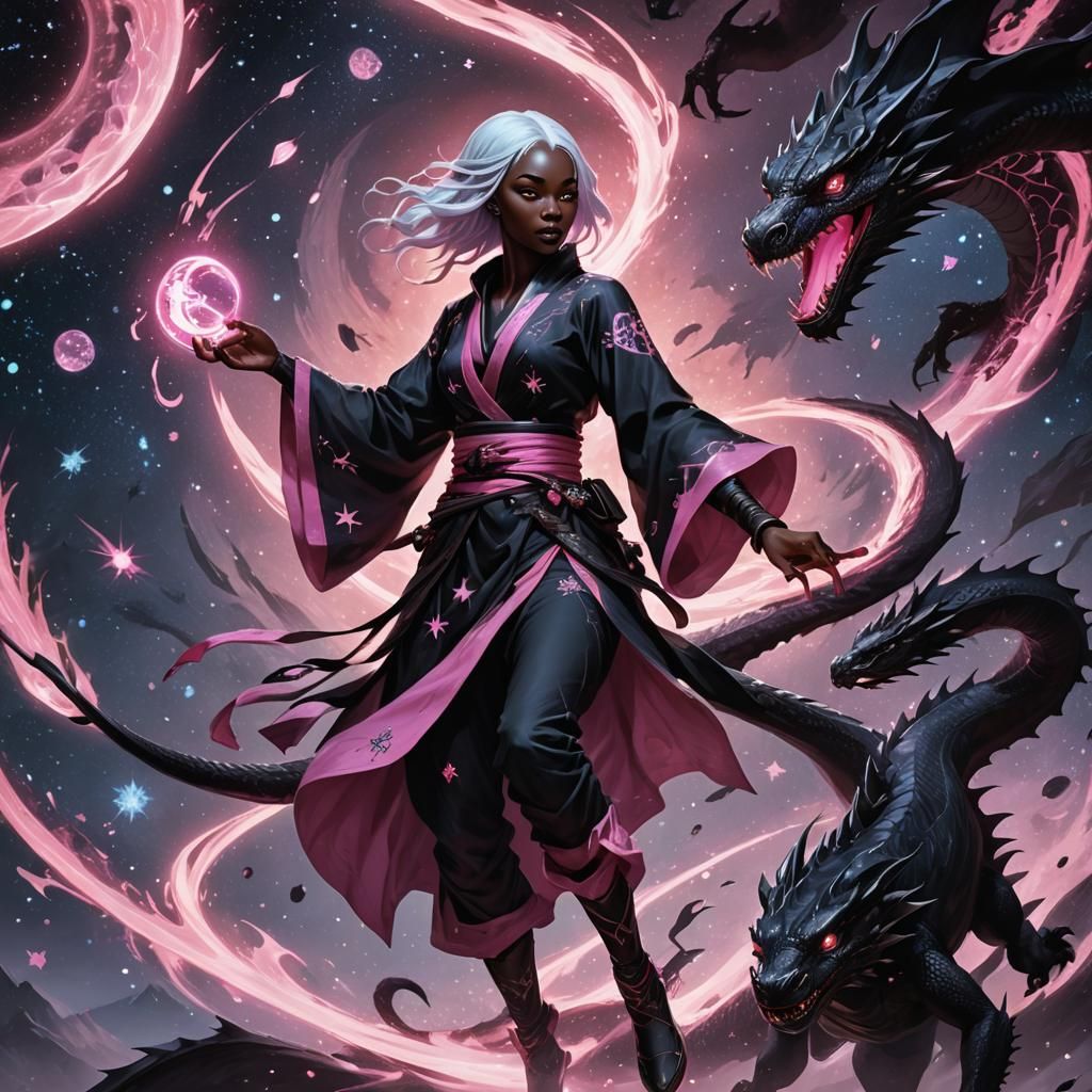 Drow Girl on Dragon in Opalescent Universe