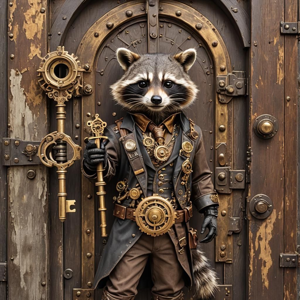 Steampunk Raccoon Guardian with Golden Key