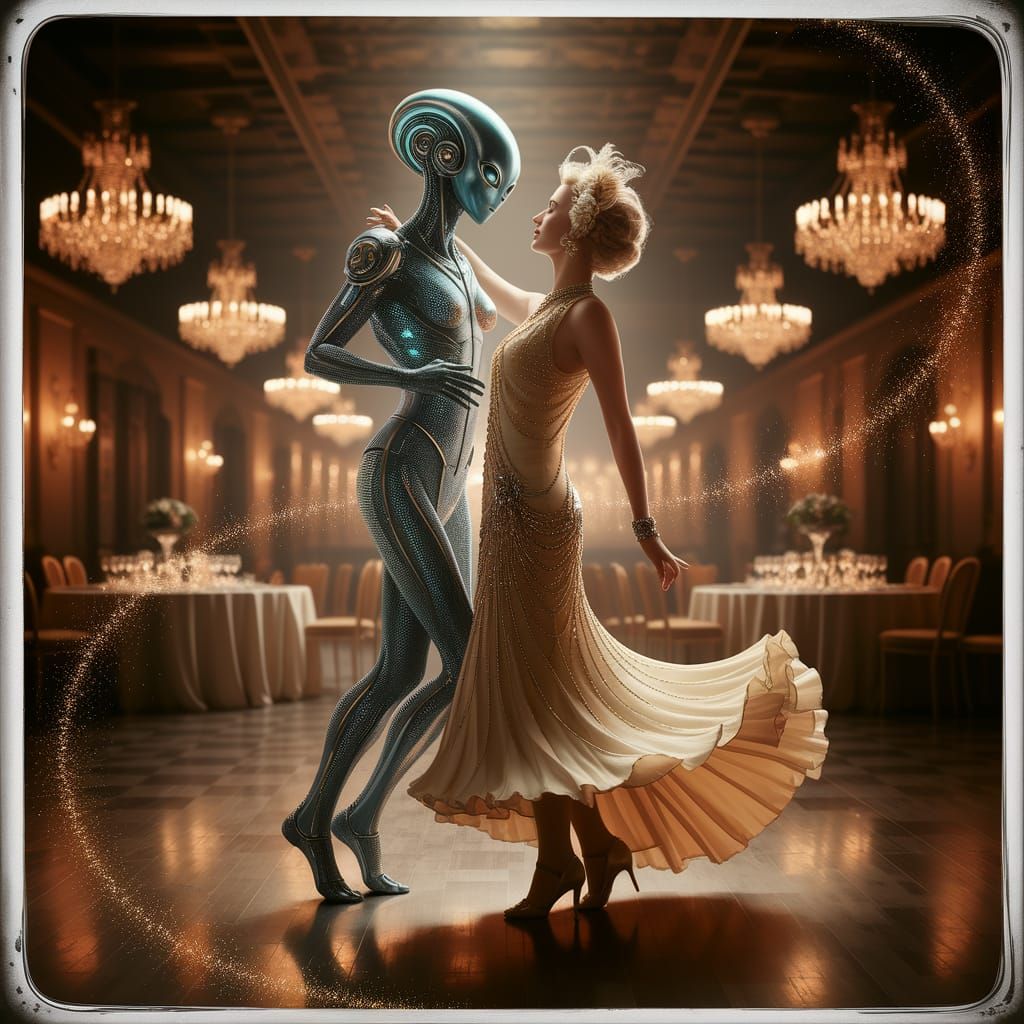 Alien Waltzes with 1920s Woman in Vintage Ballroom