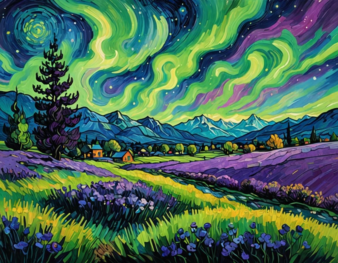 Aurora Borealis Over Meadow in Impressionist Style