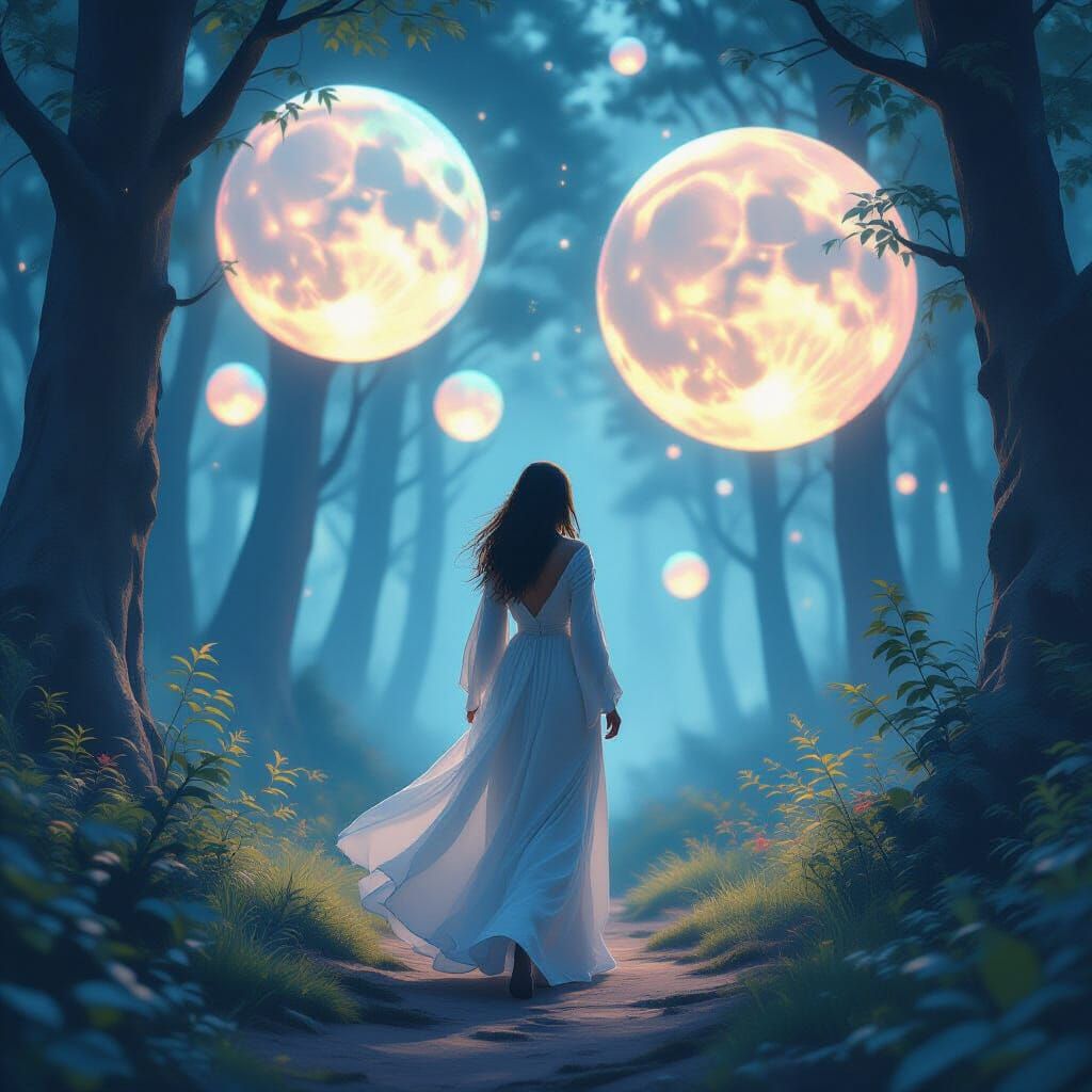 Mystical Woman in Enchanted Forest with Ethereal Moons