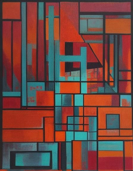 Abstract Cubist Composition in Orange and Teal