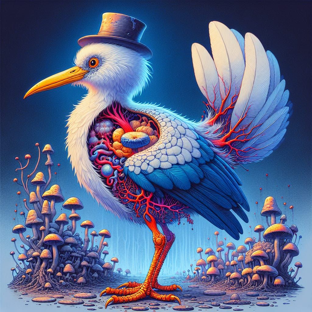 Humanoid Bird in Fungal Landscape