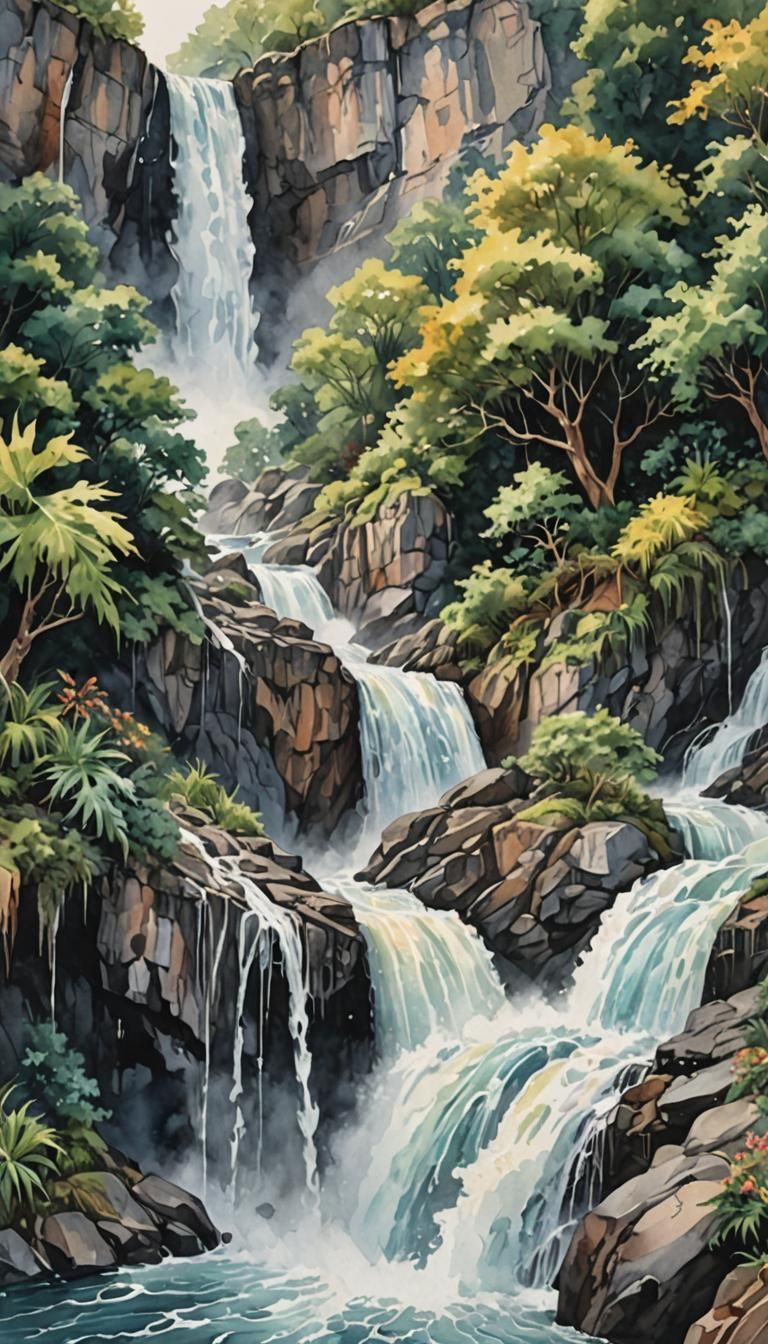 Engorged Waterfall in Watercolor Style