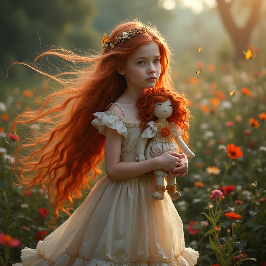 Girl with Red Hair in Whimsical Garden