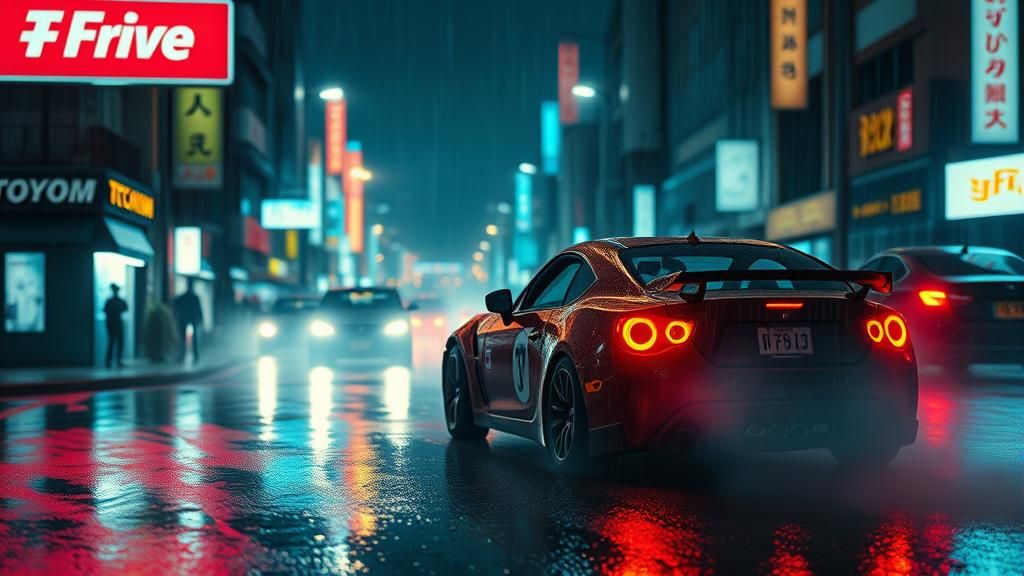 Rain-Soaked Midnight Drift in Neon Tokyo