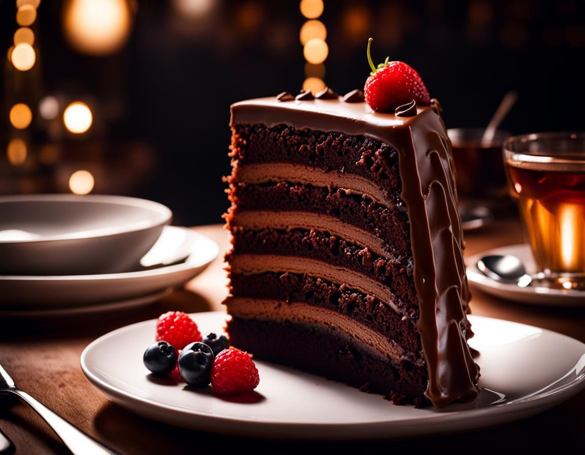 Decadent Chocolate Cake Slice at Magic Hour