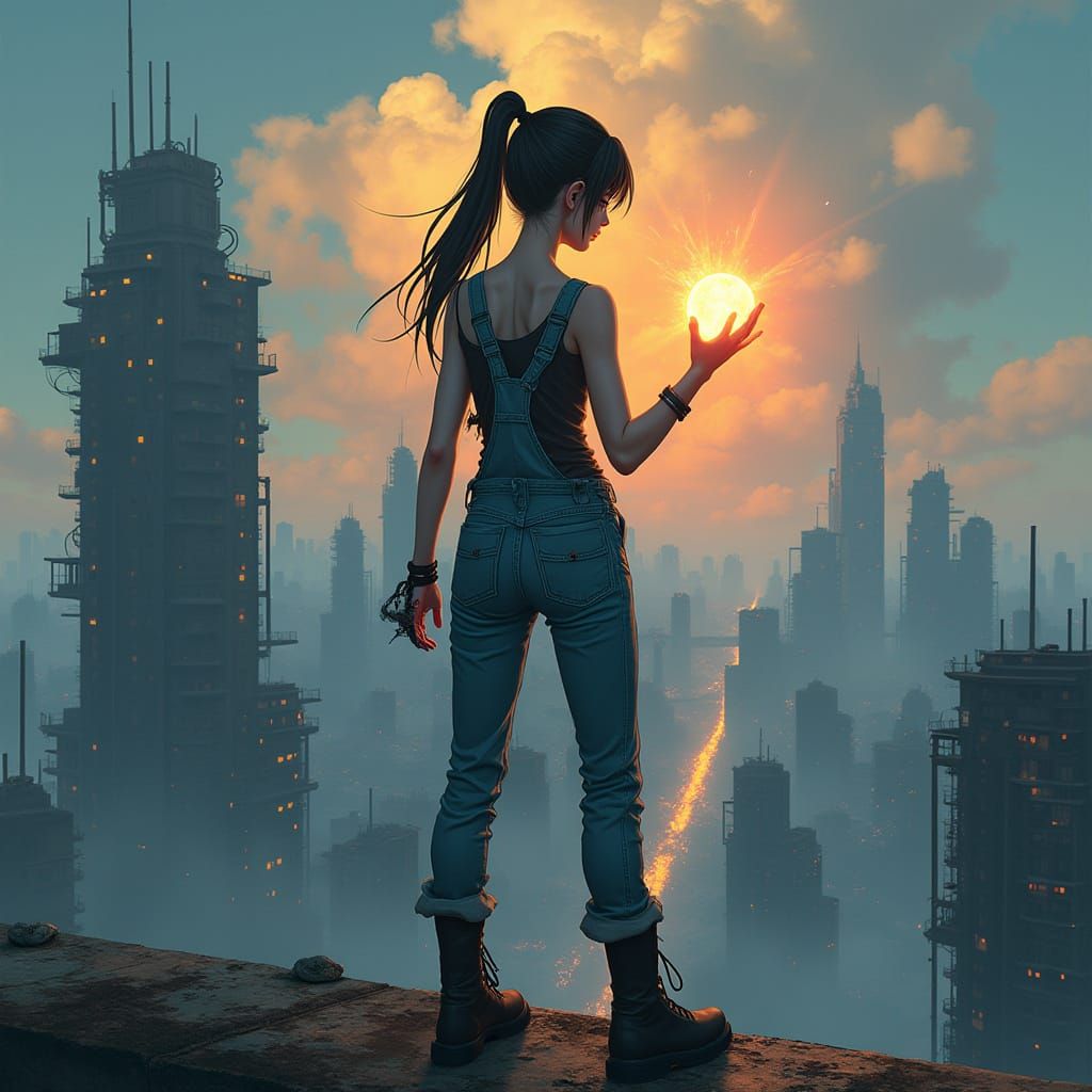 Sci-Fi Anime Woman Controls Energy Ball Above Megacity