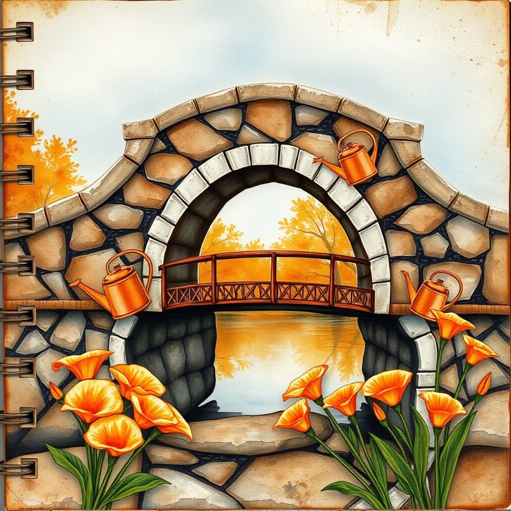 Autumn Bridge Adorned With Rusty Watering Cans