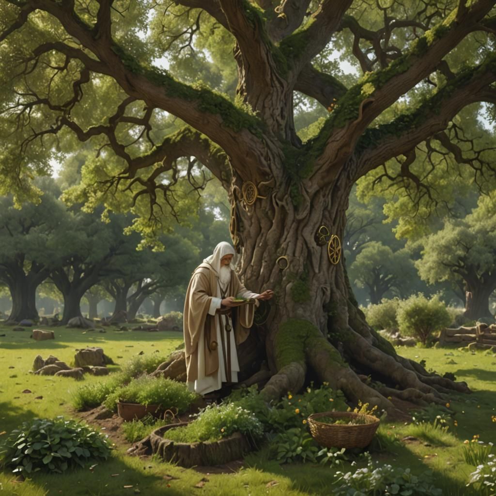 picture of a white robed  first century Druid cutting herbs ...