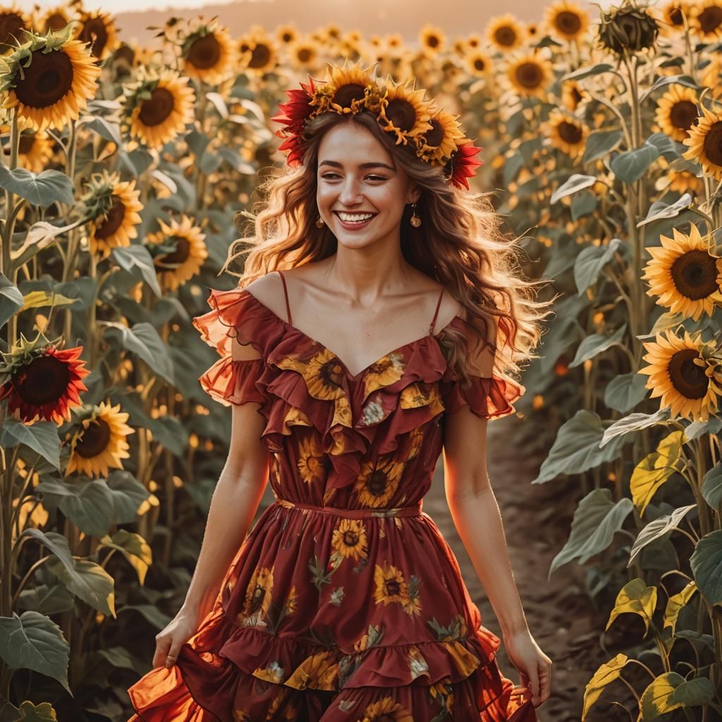 Girl in Red Dress with Sunflowers: Fantasy Art