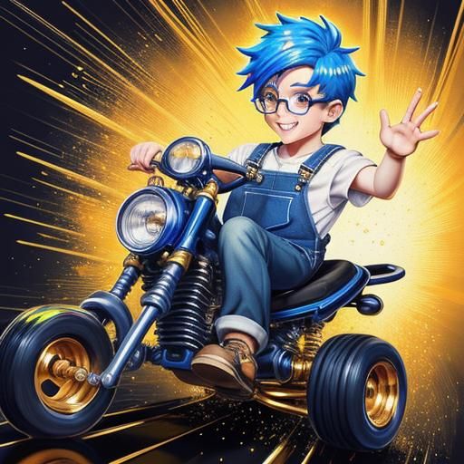 "Adorable Chibi anime art, boy wearing bib overalls big sparkling blue eyes,glasses, nerd like boy riding on a go Cart, ...