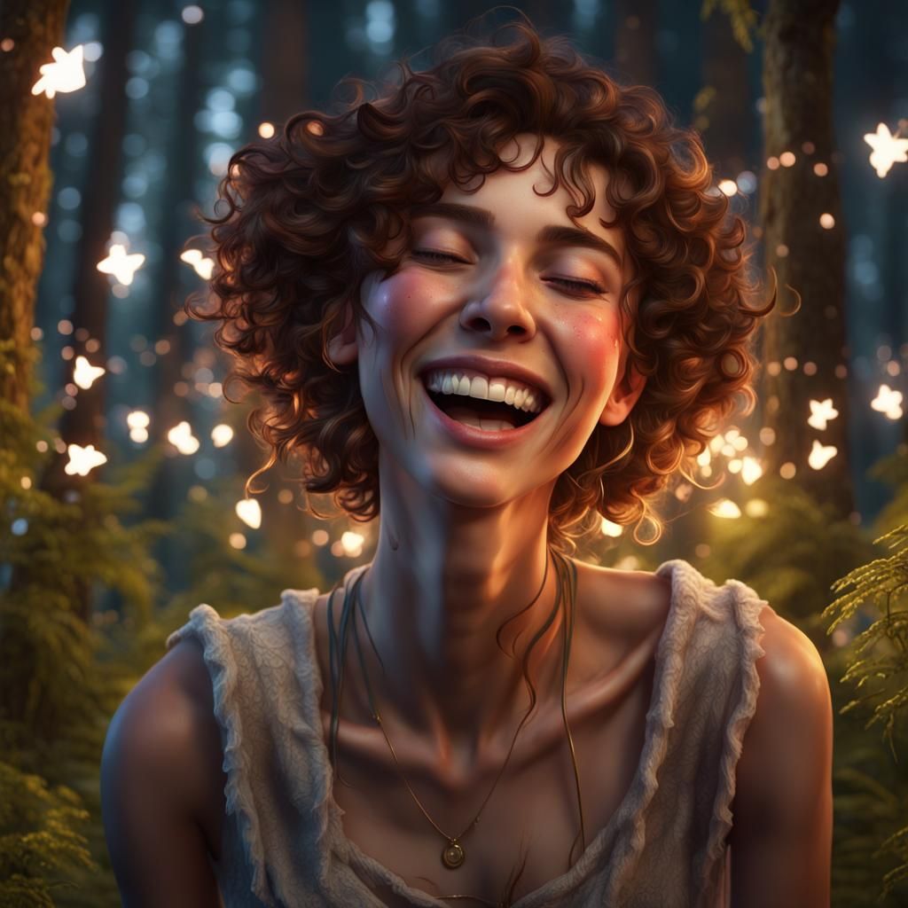 Laughing Girl in Fairy Lit Forest, Fantasy Concept Art