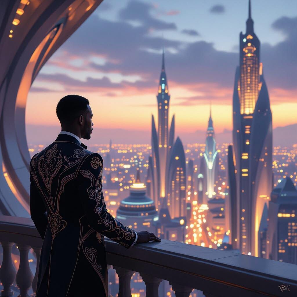 Distinguished Man in Art Deco Suit Overlooking Futuristic Ci...