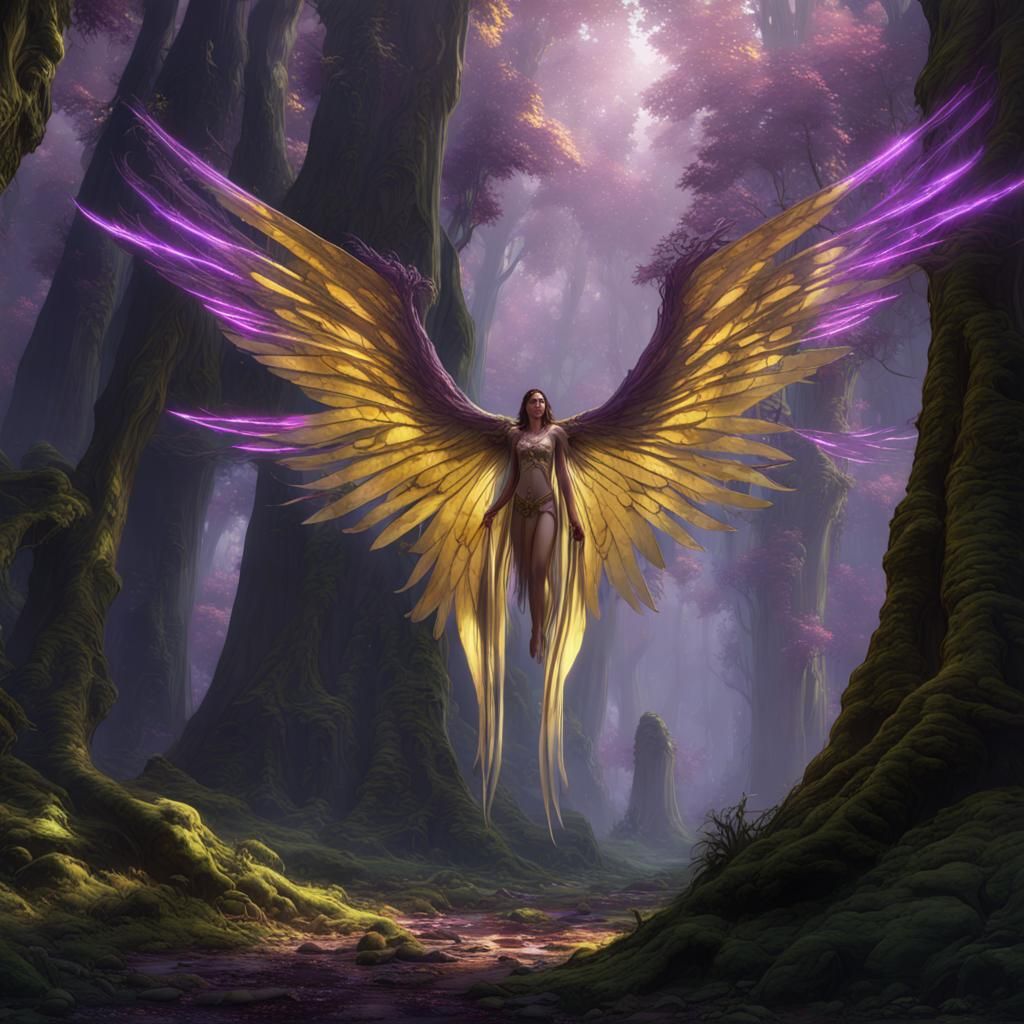 Elf Archangel Over Ancient Forest in Digital Art