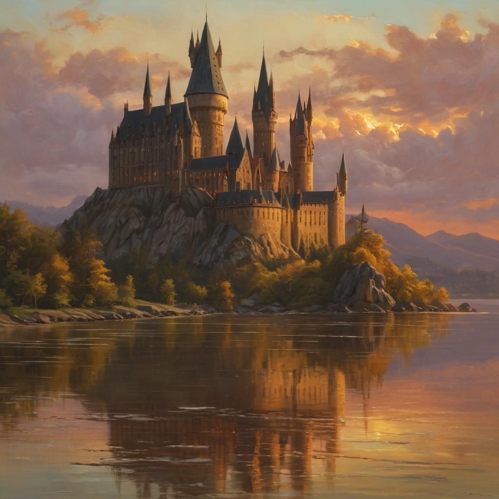 Golden Sunset over Hogwarts Castle: Oil Painting