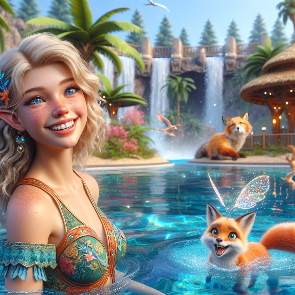 Joyful Fairy Elf at Waterpark in Digital Art