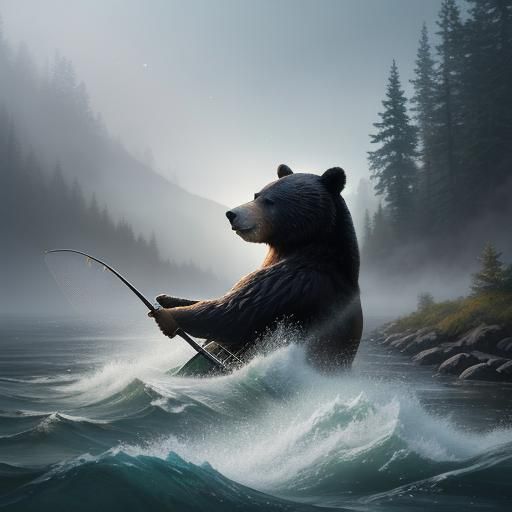 Bear Fishing in River: Hyper-Realistic Splash Art