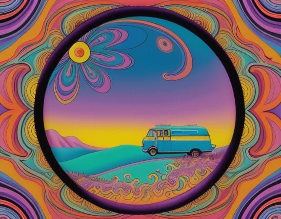 Psychedelic 1960s Hippie Van in Vibrant Colors and Swirling...